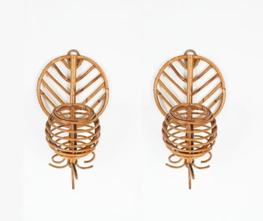 Clearance Pamono French Riviera Lantern Sconces in Rattan by Louis Sognot, France, 1960s, Set of 2
