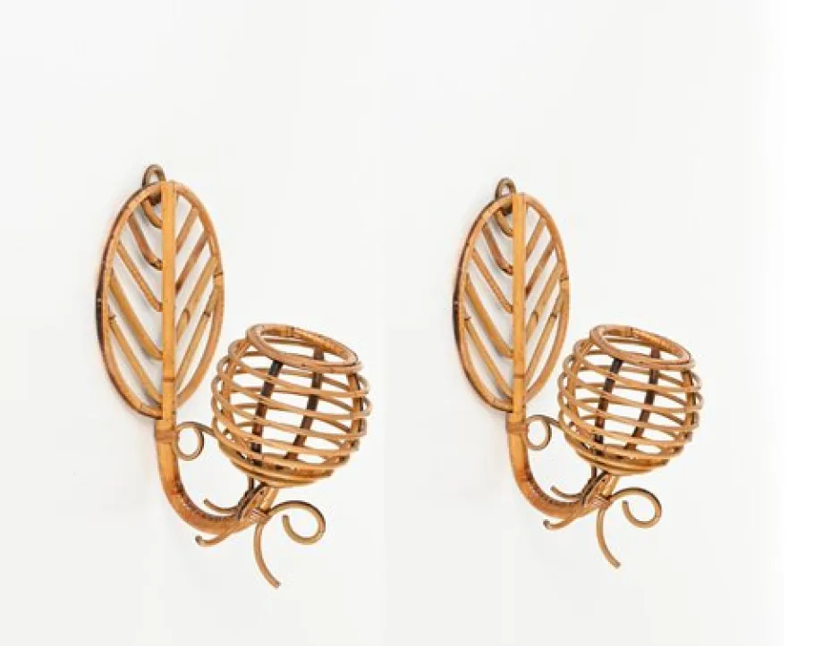 Clearance Pamono French Riviera Lantern Sconces in Rattan by Louis Sognot, France, 1960s, Set of 2