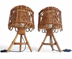 Pamono French Riviera Rattan and Cane Table Lamps by Franco Albini, 1960s, Set of 2