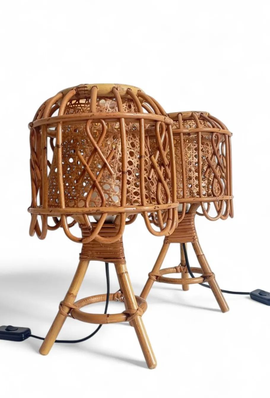 Pamono French Riviera Rattan and Cane Table Lamps by Franco Albini, 1960s, Set of 2