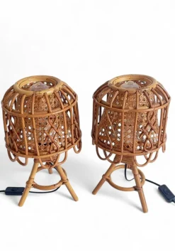 Pamono French Riviera Rattan and Cane Table Lamps by Franco Albini, 1960s, Set of 2