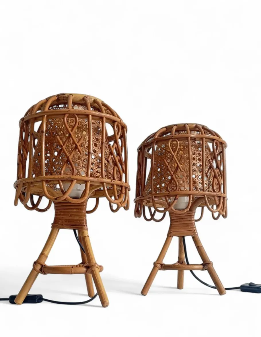 Pamono French Riviera Rattan and Cane Table Lamps by Franco Albini, 1960s, Set of 2