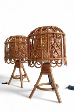 Pamono French Riviera Rattan and Cane Table Lamps by Franco Albini, 1960s, Set of 2