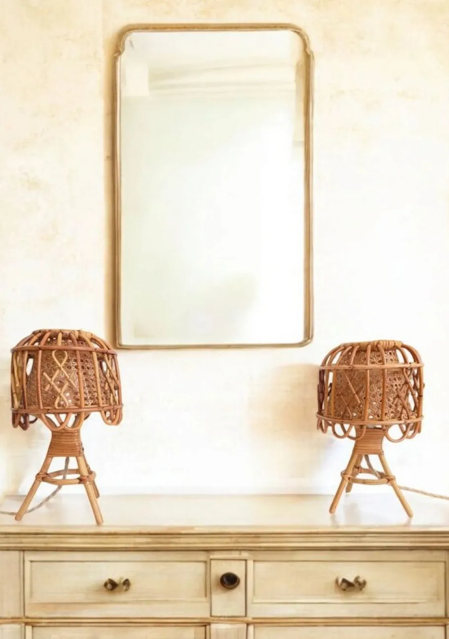 Pamono French Riviera Rattan and Cane Table Lamps by Franco Albini, 1960s, Set of 2