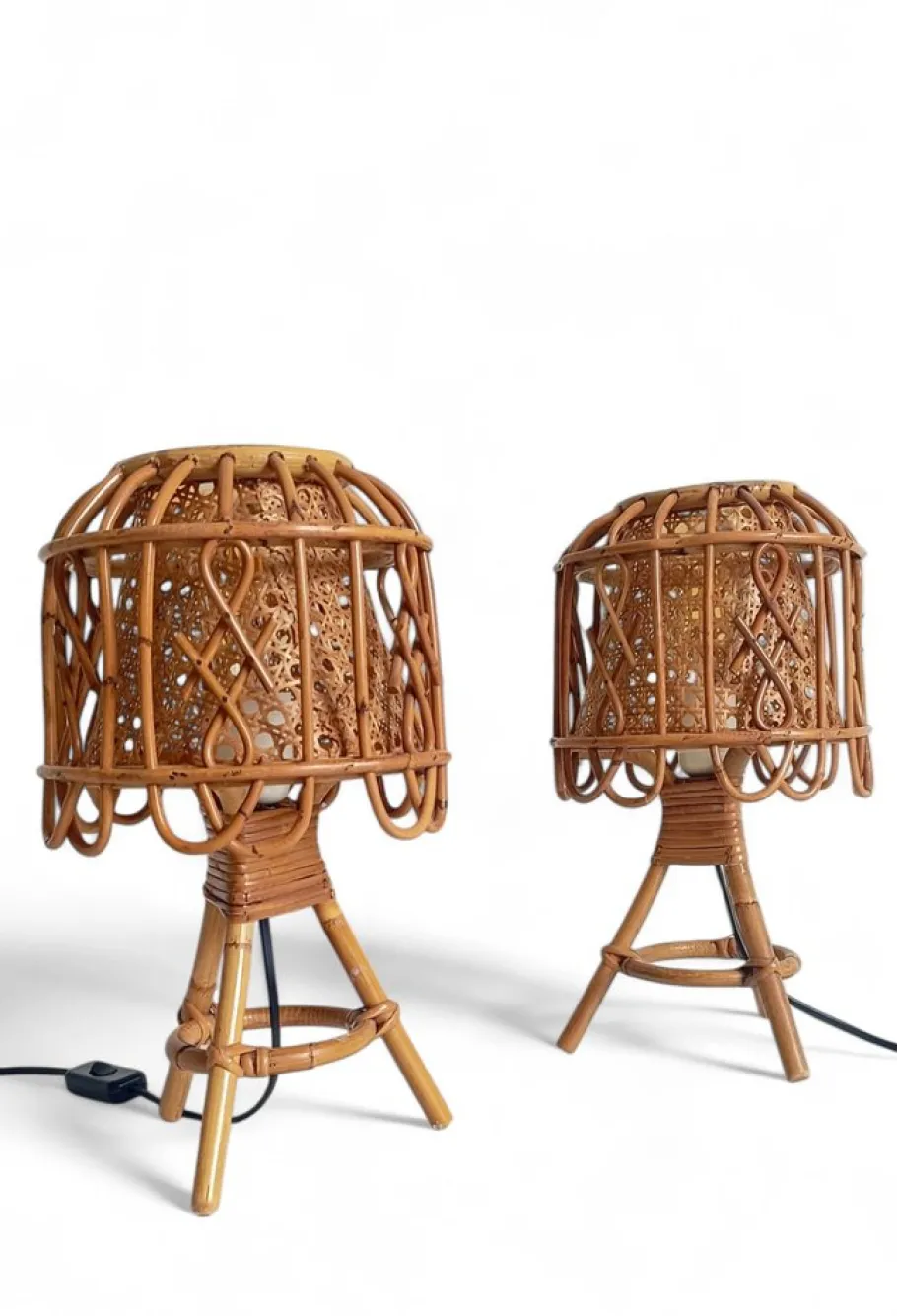 Pamono French Riviera Rattan and Cane Table Lamps by Franco Albini, 1960s, Set of 2