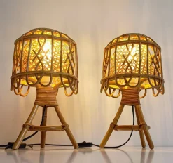 Pamono French Riviera Rattan and Cane Table Lamps by Franco Albini, 1960s, Set of 2