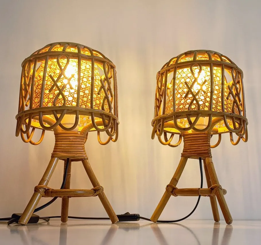 Pamono French Riviera Rattan and Cane Table Lamps by Franco Albini, 1960s, Set of 2