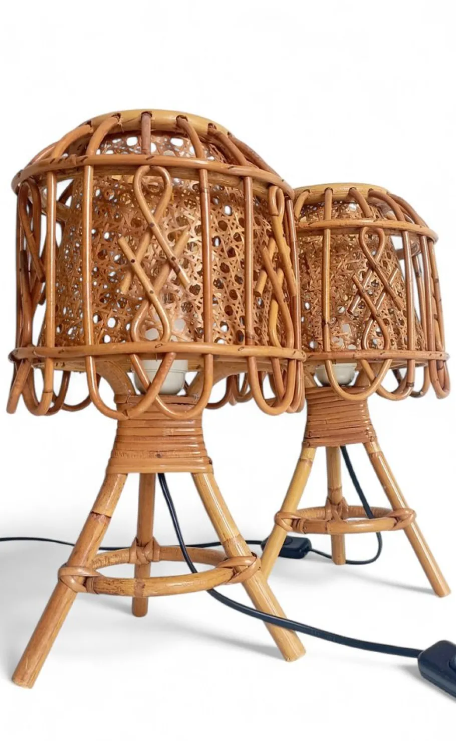 Pamono French Riviera Rattan and Cane Table Lamps by Franco Albini, 1960s, Set of 2