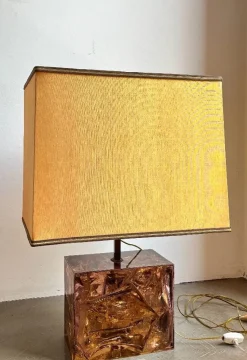 Pamono French Table Lamp with Acrylic Glass Base and Brass Details, Italy, 1970s