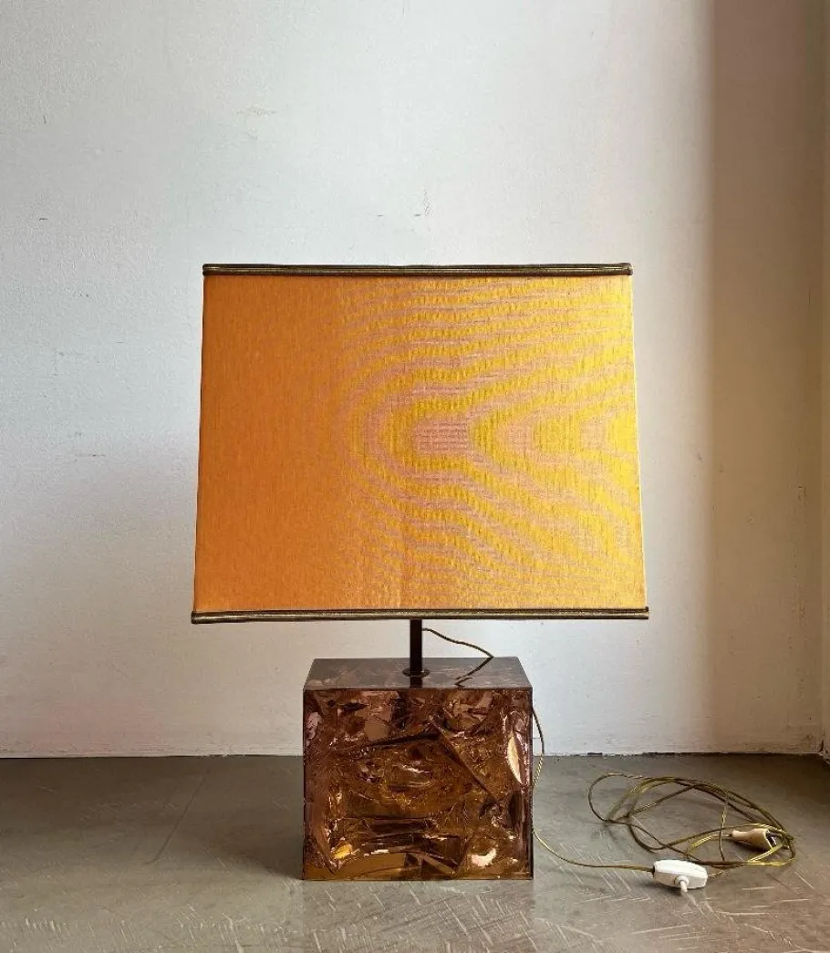 Pamono French Table Lamp with Acrylic Glass Base and Brass Details, Italy, 1970s
