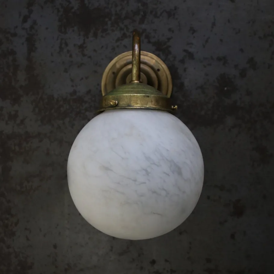 New Pamono French White Marble Opaline Glass Brass Sconces Wall Lamp