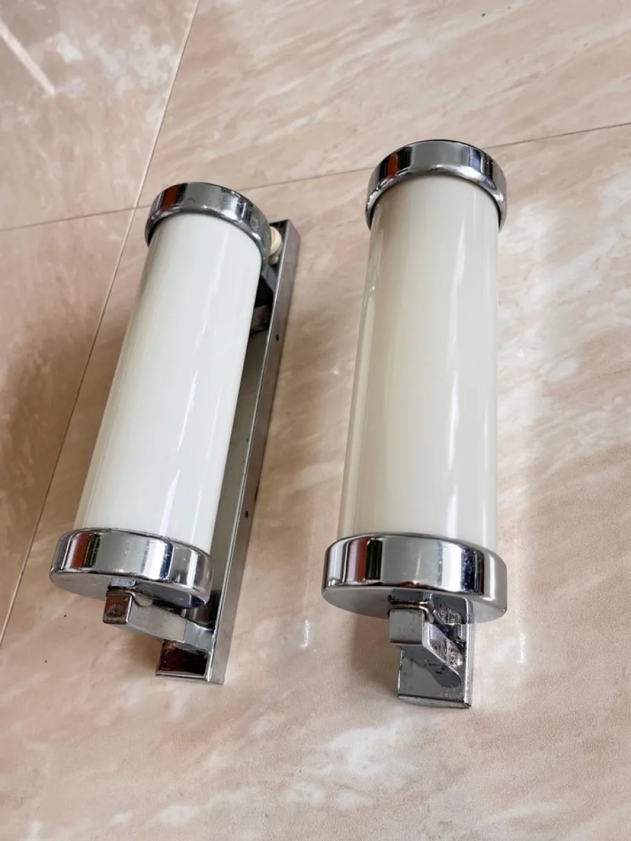 Best Pamono Functionalist Chrome Milk Glass Wall Lamps, 1930s