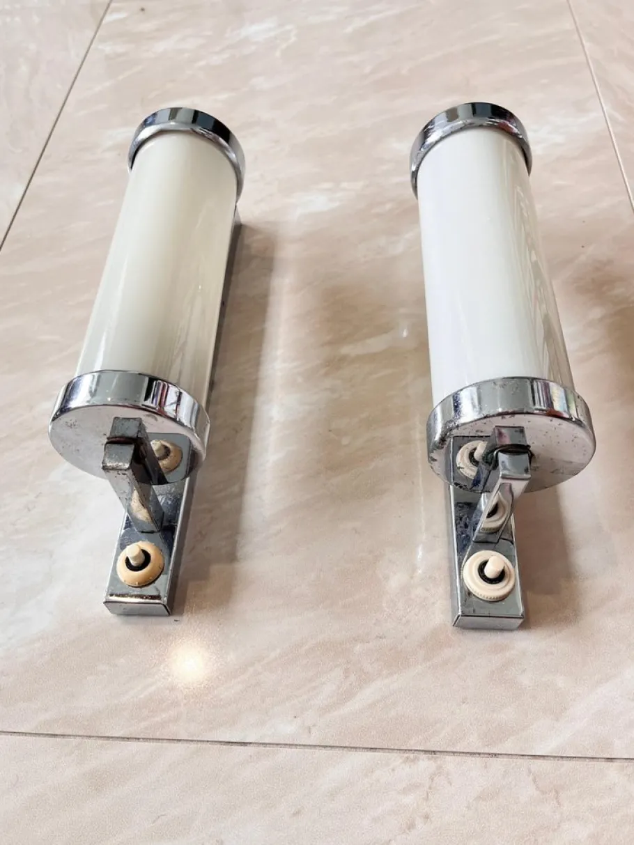 Best Pamono Functionalist Chrome Milk Glass Wall Lamps, 1930s