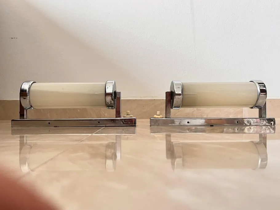 Best Pamono Functionalist Chrome Milk Glass Wall Lamps, 1930s