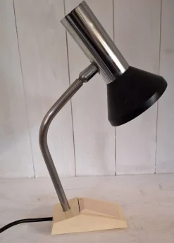 Hot Pamono German Adjustable Desk Lamp with Cream-Colored Plastic Base, Chrome-Plated Metal Frame and Black Reflector Shade from Hoffmeister Leuchten, 1970s