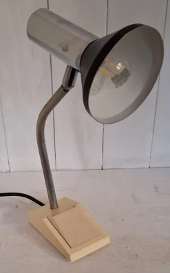 Hot Pamono German Adjustable Desk Lamp with Cream-Colored Plastic Base, Chrome-Plated Metal Frame and Black Reflector Shade from Hoffmeister Leuchten, 1970s