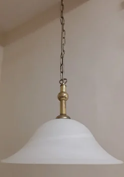 Hot Pamono German Ceiling Lamp with Patterned White Glass Shade and Brass Mounting from Hönsel, 1980s