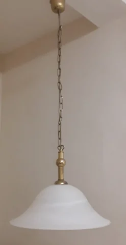 Hot Pamono German Ceiling Lamp with Patterned White Glass Shade and Brass Mounting from Hönsel, 1980s