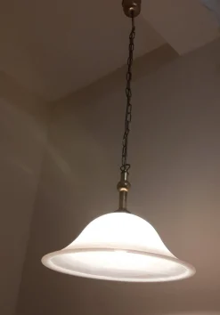 Hot Pamono German Ceiling Lamp with Patterned White Glass Shade and Brass Mounting from Hönsel, 1980s