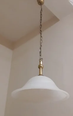 Hot Pamono German Ceiling Lamp with Patterned White Glass Shade and Brass Mounting from Hönsel, 1980s