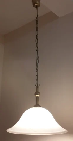 Hot Pamono German Ceiling Lamp with Patterned White Glass Shade and Brass Mounting from Hönsel, 1980s