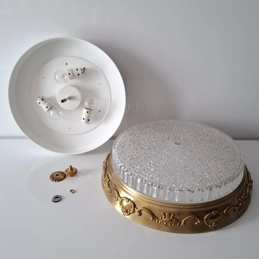 Discount Pamono German Ceiling Light in Crystal and Brass from Kaiser-Leuchten, 1960s