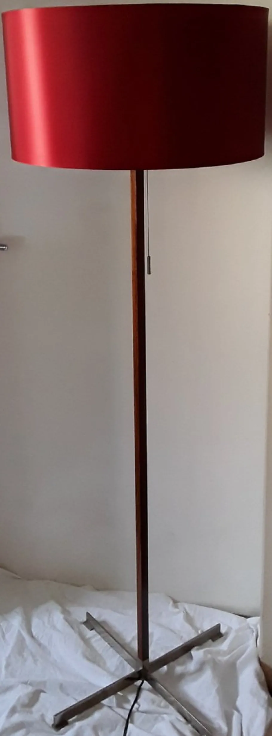 Best Pamono German Floor Lamp with Base in Teak & Chromed Steel and Red Silk Shade, 1970s