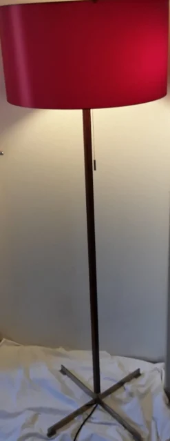 Best Pamono German Floor Lamp with Base in Teak & Chromed Steel and Red Silk Shade, 1970s