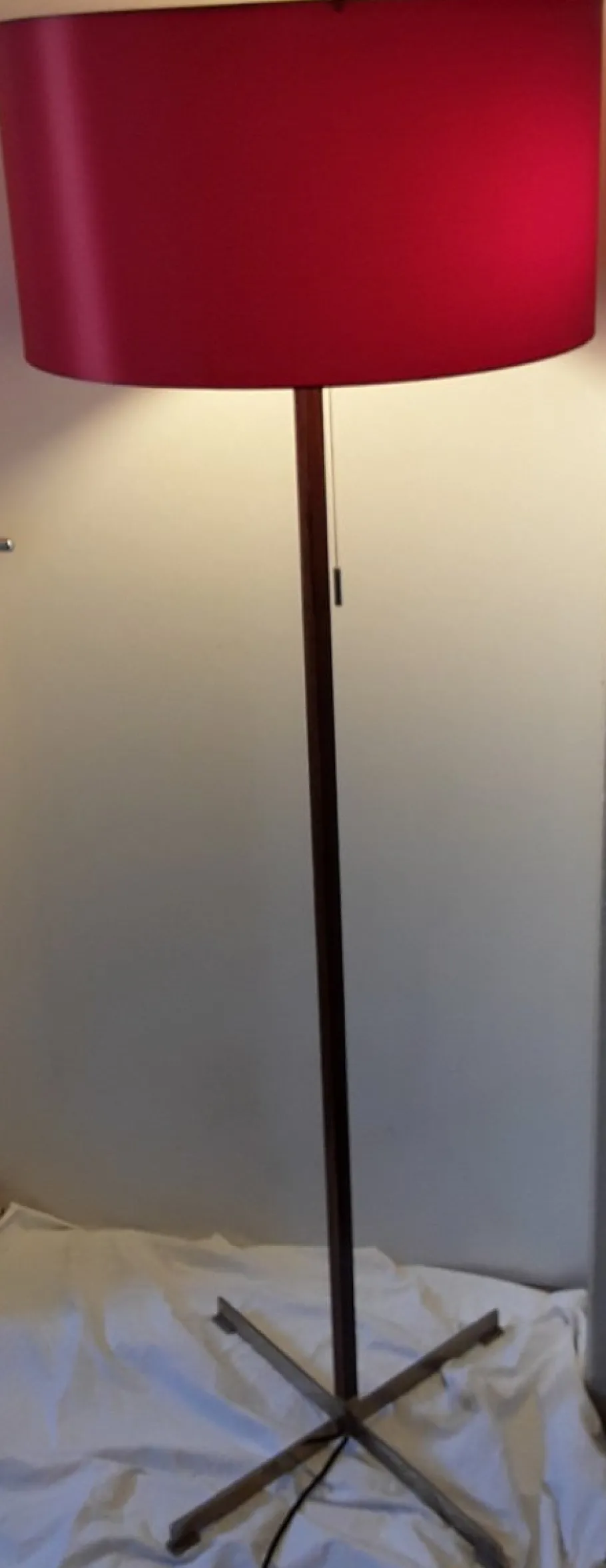 Best Pamono German Floor Lamp with Base in Teak & Chromed Steel and Red Silk Shade, 1970s