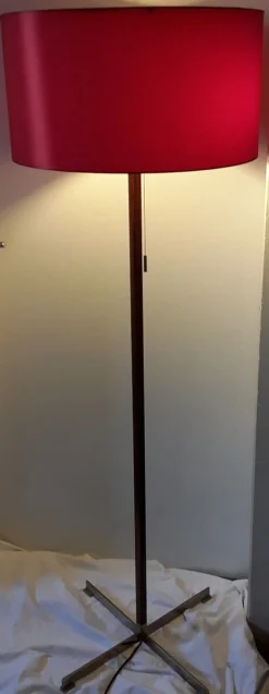 Best Pamono German Floor Lamp with Base in Teak & Chromed Steel and Red Silk Shade, 1970s