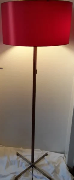 Best Pamono German Floor Lamp with Base in Teak & Chromed Steel and Red Silk Shade, 1970s