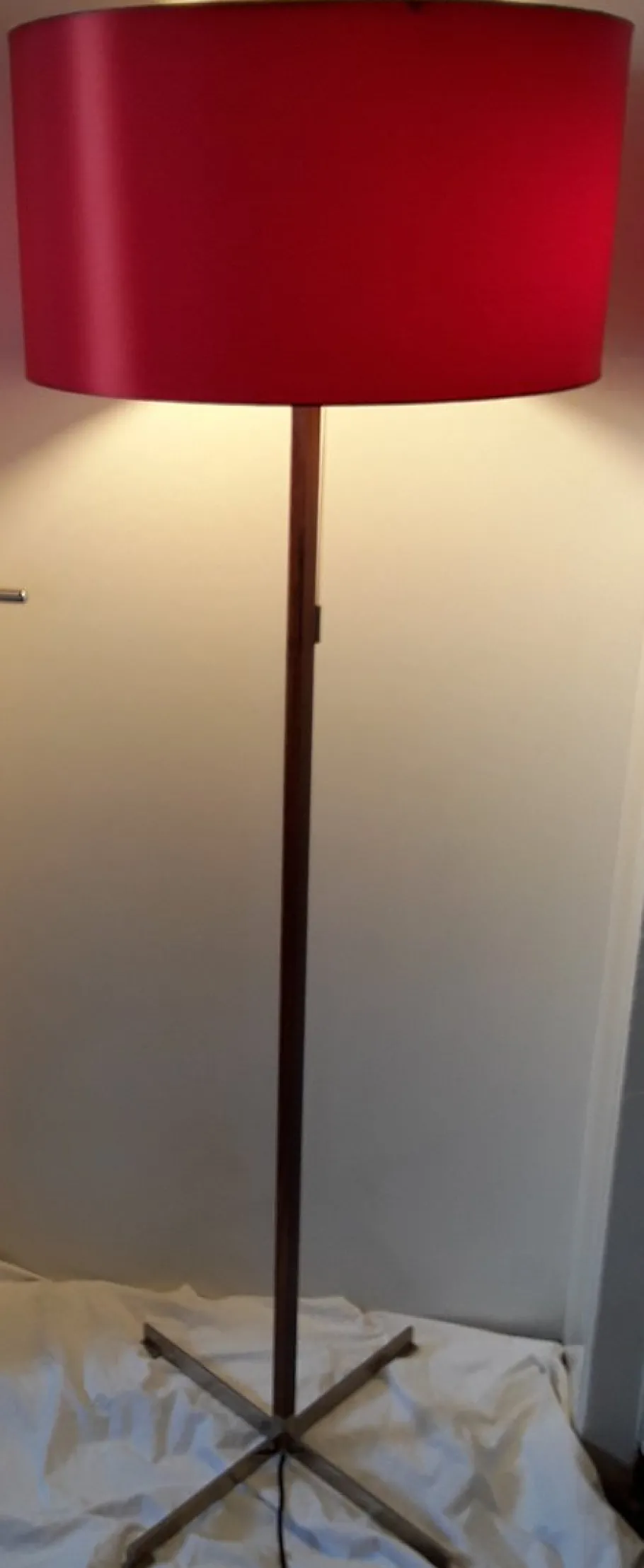 Best Pamono German Floor Lamp with Base in Teak & Chromed Steel and Red Silk Shade, 1970s