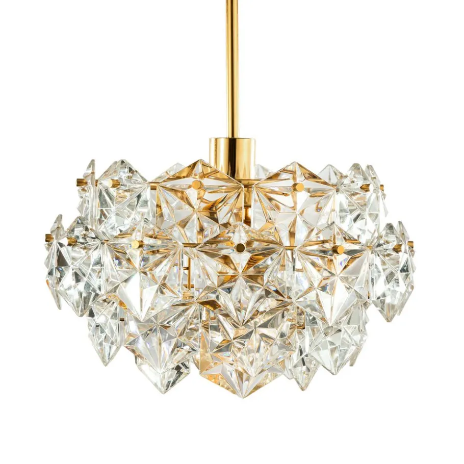 Pamono German Gold-Plated Chandelier with Faceted Hexagonal Crystals from Kinkeldey, 1960s