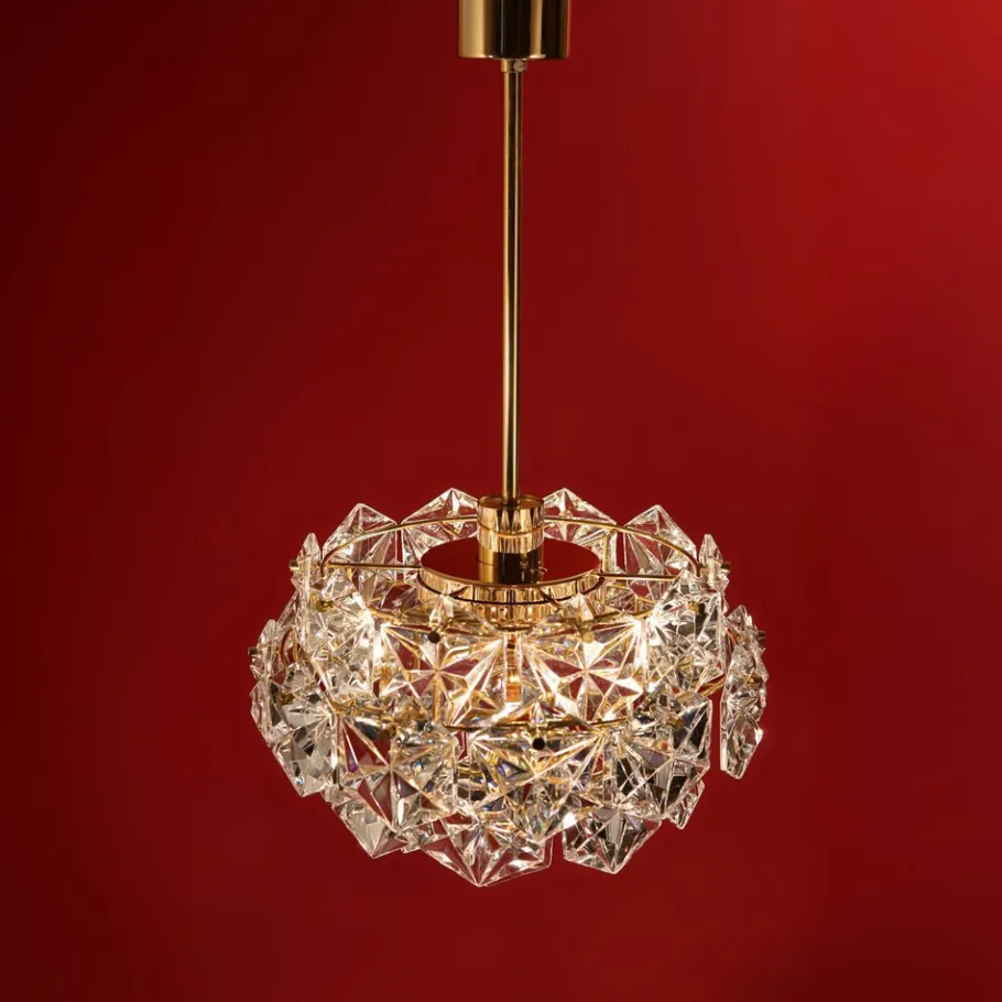 Pamono German Gold-Plated Chandelier with Faceted Hexagonal Crystals from Kinkeldey, 1960s