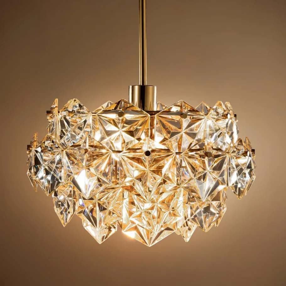 Pamono German Gold-Plated Chandelier with Faceted Hexagonal Crystals from Kinkeldey, 1960s