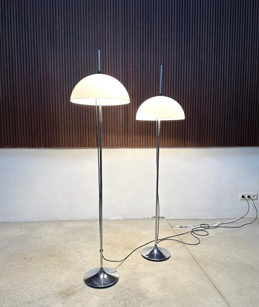 Clearance Pamono German Height Adjustable Mushroom Floor Lamps with Chromed Tulip Bases, 1960s, Set of 2