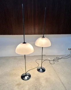 Clearance Pamono German Height Adjustable Mushroom Floor Lamps with Chromed Tulip Bases, 1960s, Set of 2