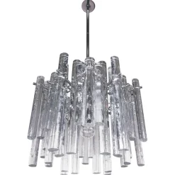 Discount Pamono German Iced Glass Chandelier with Crystal Rods & Chrome from Kinkeldey, 1960s