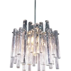 Discount Pamono German Iced Glass Chandelier with Crystal Rods & Chrome from Kinkeldey, 1960s