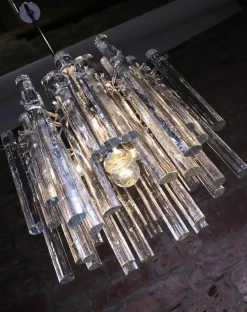 Discount Pamono German Iced Glass Chandelier with Crystal Rods & Chrome from Kinkeldey, 1960s