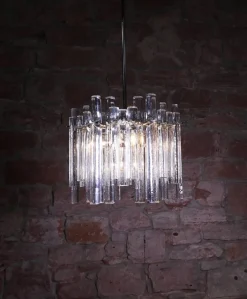 Discount Pamono German Iced Glass Chandelier with Crystal Rods & Chrome from Kinkeldey, 1960s