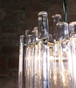 Discount Pamono German Iced Glass Chandelier with Crystal Rods & Chrome from Kinkeldey, 1960s