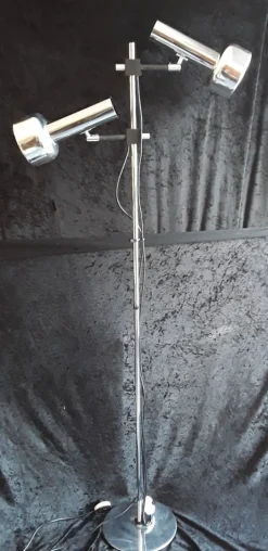 New Pamono German 2-Light Multi-Adjustable Floor Lamp with Chrome-Plated Metal Frame, Black Plastic Mount and Chrome Reflectors from Staff, 1970s