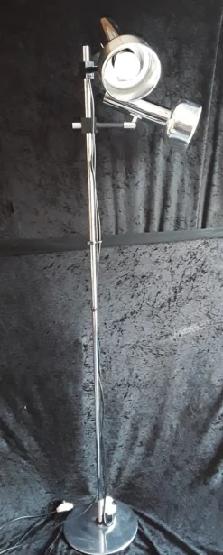 New Pamono German 2-Light Multi-Adjustable Floor Lamp with Chrome-Plated Metal Frame, Black Plastic Mount and Chrome Reflectors from Staff, 1970s