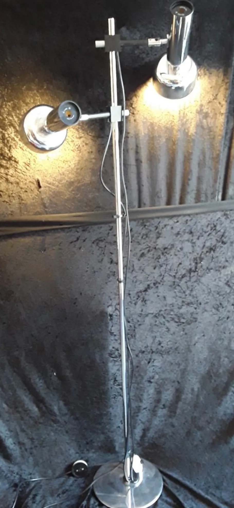 New Pamono German 2-Light Multi-Adjustable Floor Lamp with Chrome-Plated Metal Frame, Black Plastic Mount and Chrome Reflectors from Staff, 1970s