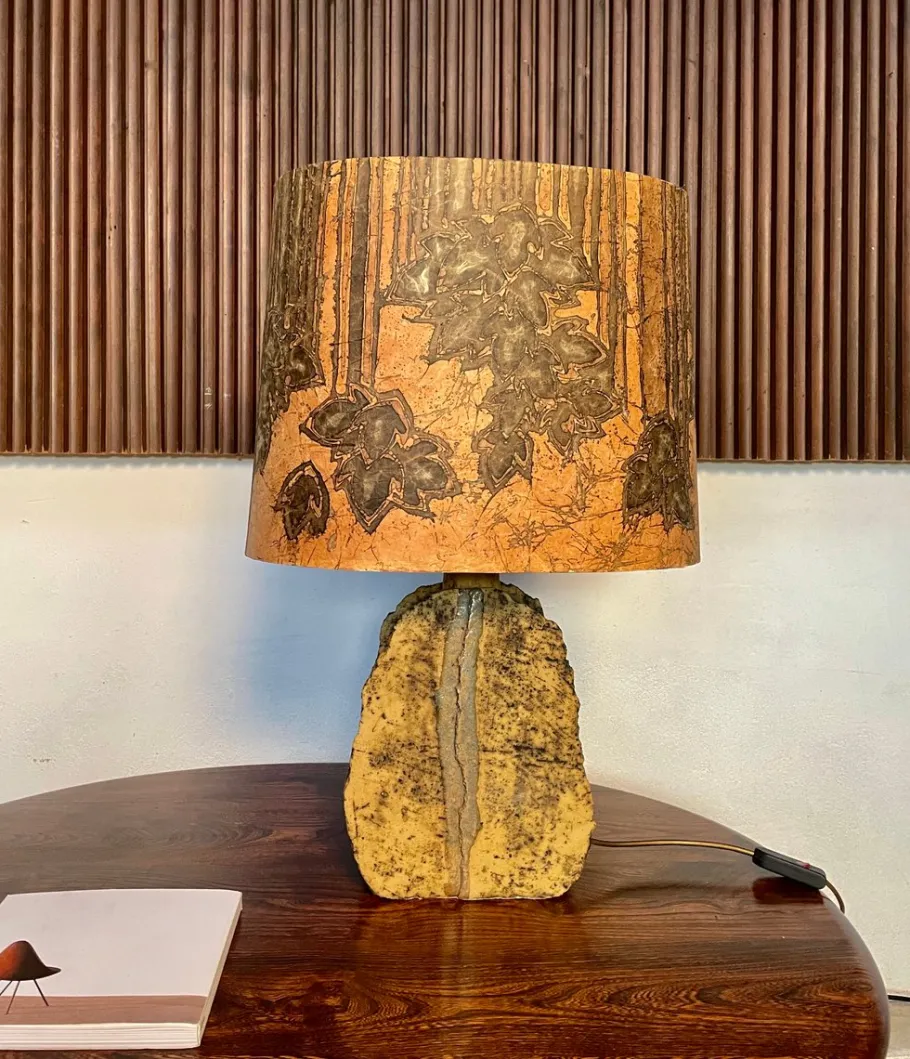 Outlet Pamono German Sculptural Ceramic Art Table Lamp With Batik Shade, 1960s