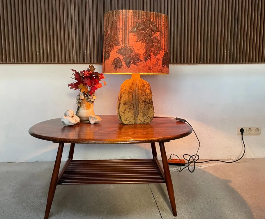 Outlet Pamono German Sculptural Ceramic Art Table Lamp With Batik Shade, 1960s