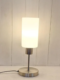 Discount Pamono German Table Lamp with Chrome-Plated Metal Base, White Glass Shade and Touch Sensor from Briloner Leuchten, 2018