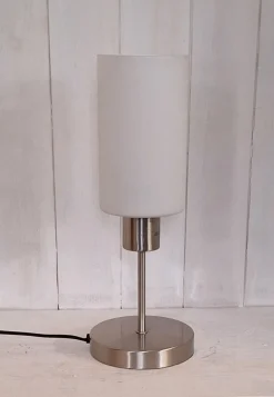 Discount Pamono German Table Lamp with Chrome-Plated Metal Base, White Glass Shade and Touch Sensor from Briloner Leuchten, 2018