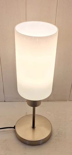 Discount Pamono German Table Lamp with Chrome-Plated Metal Base, White Glass Shade and Touch Sensor from Briloner Leuchten, 2018